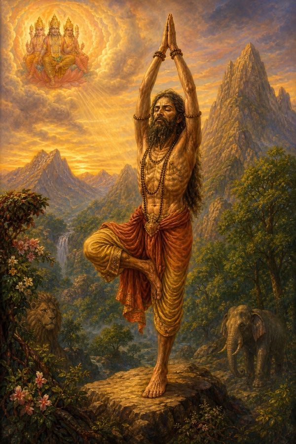 The mighty daitya king Hiranyakashipu performing fierce penance on Mandarachala mountain, standing on one foot with both arms raised skyward, body gaunt and emaciated, eyes shut in austerity, forest and peaks around; classical Indian color illustration.