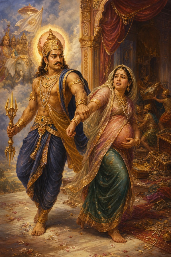 Indra, king of the devas (crowned, regal, vajra at side), seizing the pregnant queen Kayadhu by the wrist and dragging her; she trembles, weeping like a kurari bird, one hand protectively over her swollen belly; looted open palace behind, dramatic painterly color.