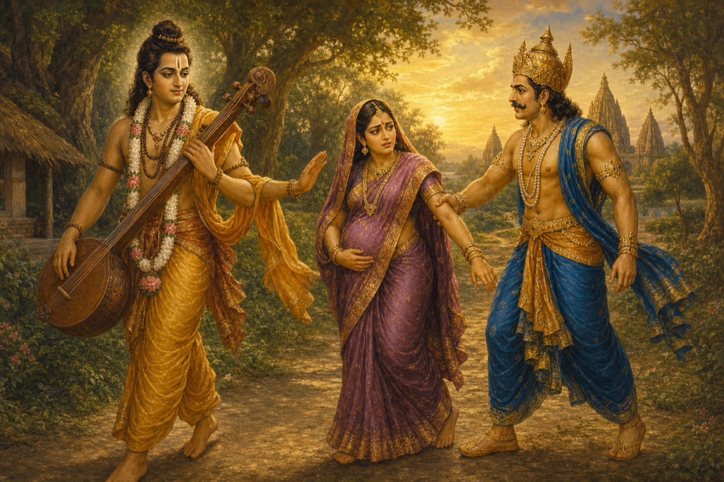 Divine sage Narada arriving along the path playing his veena, soft strings sounding, serene radiant face; before him the weeping pregnant queen Kayadhu and Indra still gripping her; classical Indian color illustration with luminous backdrop.