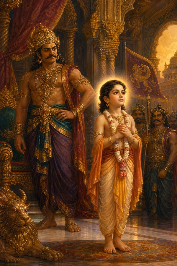 The newborn child Prahlada in the daitya palace, glowing with quiet inner light, gazing far away and softly uttering 'Narayana'; proud father Hiranyakashipu watching nearby; richly ornamented asura hall, warm painterly classical Indian style.