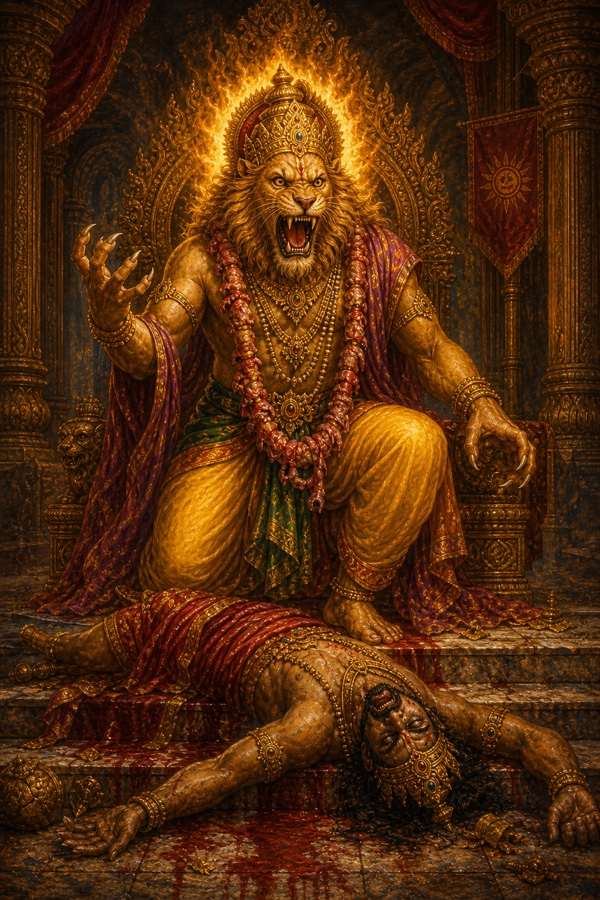 Rich painterly classical-Indian color illustration: the lion-faced Lord Narasimha, blue-bodied with a golden mane standing on end and matted with blood, still roaring inside the assembly-hall, lightning-like tongue flashing, fierce knitted brows, the slain demon-king Hiranyakashipu's huge body sprawled across the throne-hall steps with a trail of blood, the garland of entrails around Narasimha's neck; pillared Daitya court, terror in the air, no other figures yet approaching.