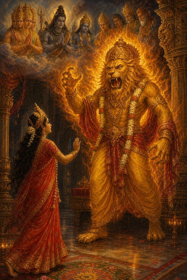 Rich painterly classical-Indian color illustration: the goddess Lakshmi in red-gold silks, stepping forward toward the towering blazing lion-faced Narasimha but halting in awe and fear, unable to take a single step closer, one hand raised; above in the sky the four-faced Brahma and Rudra (Shiva) and other gods hover stunned with folded hands; the awesome unprecedented form glowing at the center of the columned hall.