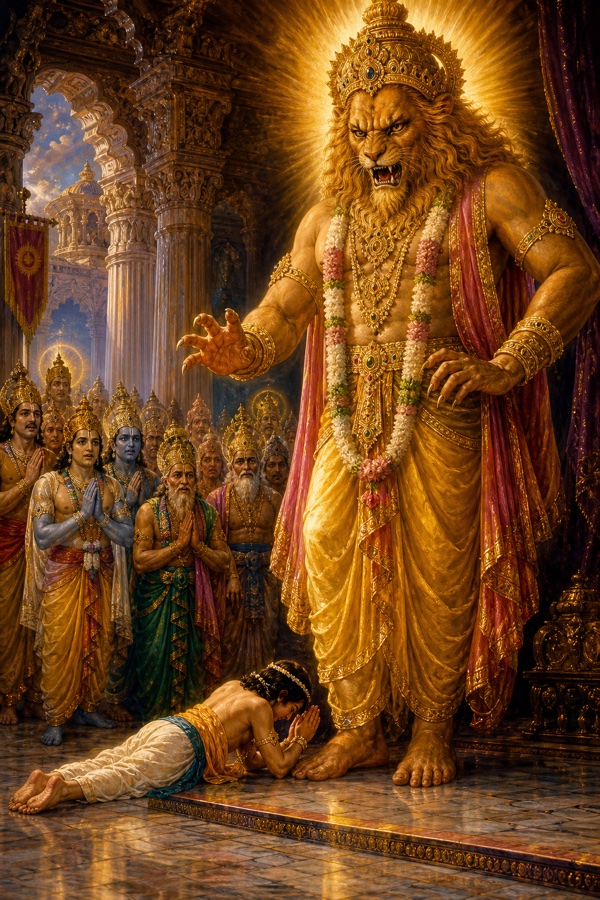 Rich painterly classical-Indian color illustration: the small boy Prahlada, barefoot and fearless, prostrate full-length (sashtanga) flat on the marble floor at the feet of the gigantic blazing lion-faced Narasimha, both hands joined, his head placed at the base of the Lord's feet; the towering wrathful deity looming above the tiny child; gods watching from a distance with bated breath in the pillared court.