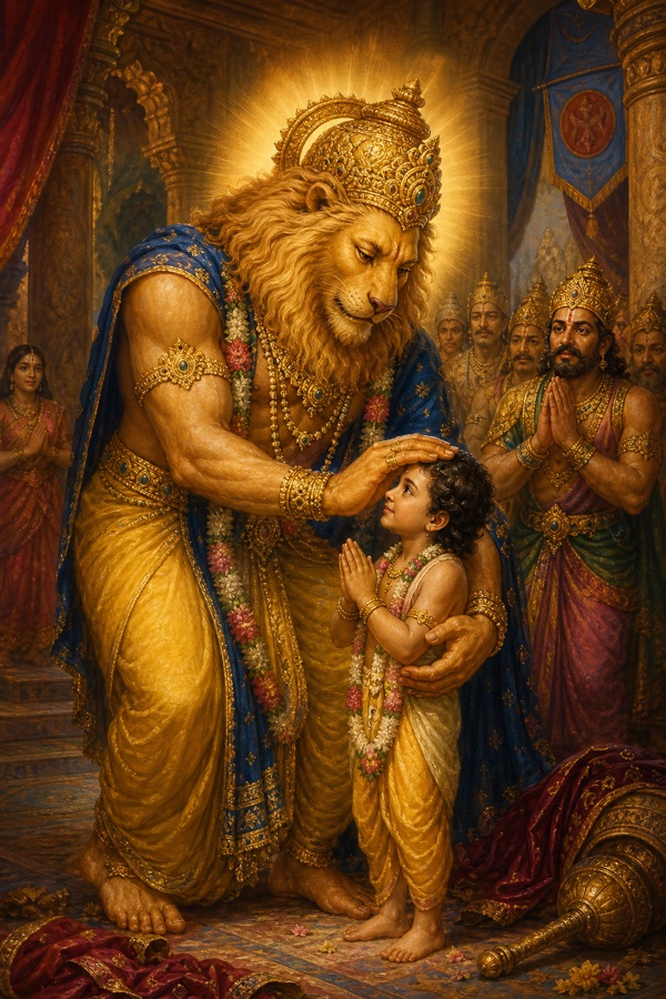 Rich painterly classical-Indian color illustration: the lion-faced Lord Narasimha bending his vast arms down to lift the tiny boy Prahlada from the ground and lay his clawed lotus-hand, the same paw that had just torn open the demon, gently upon the child's head in blessing; the Lord's face softening with compassion, the fierce glow easing; tender moment in the grand Daitya hall.