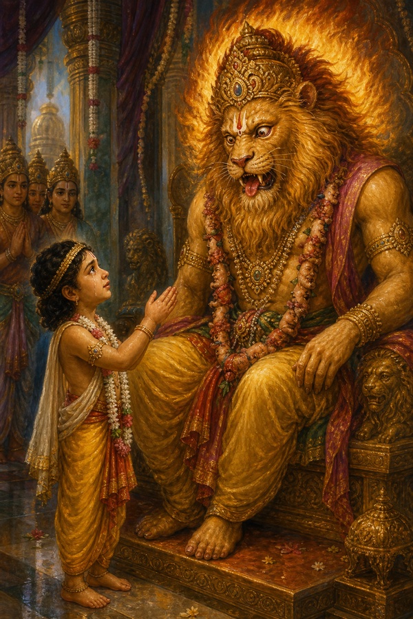 Rich painterly classical-Indian color illustration: the little boy Prahlada standing before the lion-faced Narasimha, raising his small palm toward the still-fiery form, eyes brimming with loving tears, body thrilled with devotion (romancha), offering his heartfelt prayer; the Lord's blazing sun-like eyes, lapping tongue, raised brows, garland of entrails and bloody mane visible but beginning to calm; reverent painterly classical court setting.