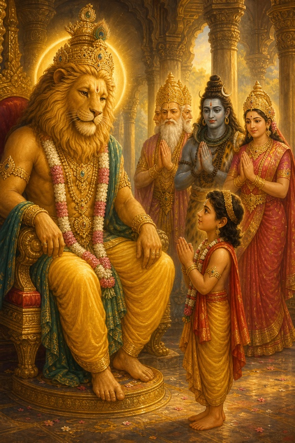 Rich painterly classical-Indian color illustration: Lord Narasimha's wrath fully subsided, the fierce form gathering itself back into a serene compassionate lion-faced figure, mane settling, brows unknotted, breath calmed, gazing gently at the small boy Prahlada who stands before him with folded hands; in the background Brahma, Rudra and Lakshmi now able to approach with joined palms; peaceful golden light filling the pillared hall.