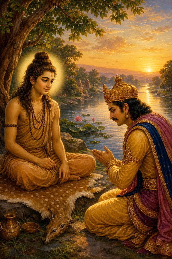 Rich painterly classical-Indian color illustration: the sage Shukadeva, young radiant ascetic with matted hair and a soft smile, seated on a deerskin beside the Ganga bank, while King Parikshit in royal robes leans forward attentively with lowered, sorrowful gaze, asking his question; warm dawn light, lotus and river behind, the storyteller frame of the Bhagavatam.