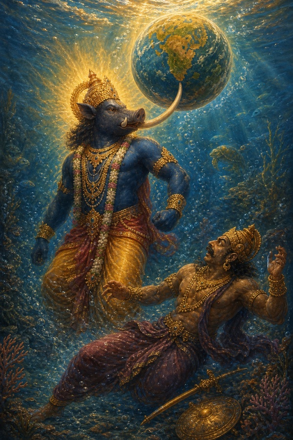 Rich painterly classical-Indian color illustration of Vishnu as Varaha, the great boar-headed dark-blue lord with tusks, deep beneath the cosmic ocean, slaying the demon Hiranyaksha (brother of Hiranyakashipu) who falls vanquished; the earth-globe lifted on the boar's tusk in the background, churning blue-green waters, golden divine aura, faithful to the Varaha avatar of the Bhagavatam.