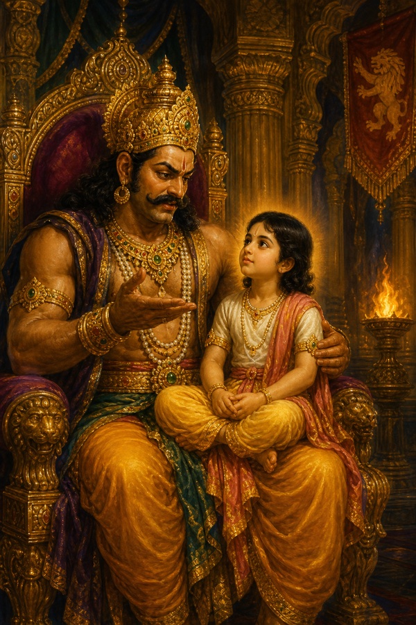 Rich painterly classical-Indian color illustration: the towering demon-king Hiranyakashipu, crowned and broad-chested in a jeweled throne hall, tenderly seating his small son Prahlada (a serene five-year-old boy) on his lap and asking him a question; the boy looks calm and luminous, contrast of the menacing father and the gentle child, warm palace torchlight.
