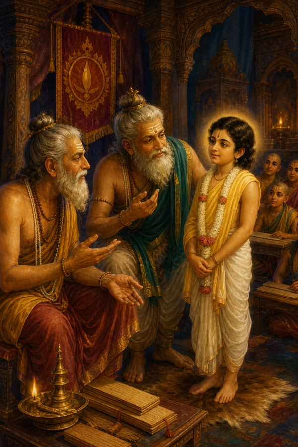 Rich painterly classical-Indian color illustration: the two demon-priests Shanda and Amarka (sons of Shukracharya), elder brahmins in ritual dress with sacred threads, gently coaxing and questioning little Prahlada in a schoolroom of the asura palace, palm-leaf manuscripts nearby; the boy stands composed and serene, soft persuasive expressions on the priests, lamplit interior.