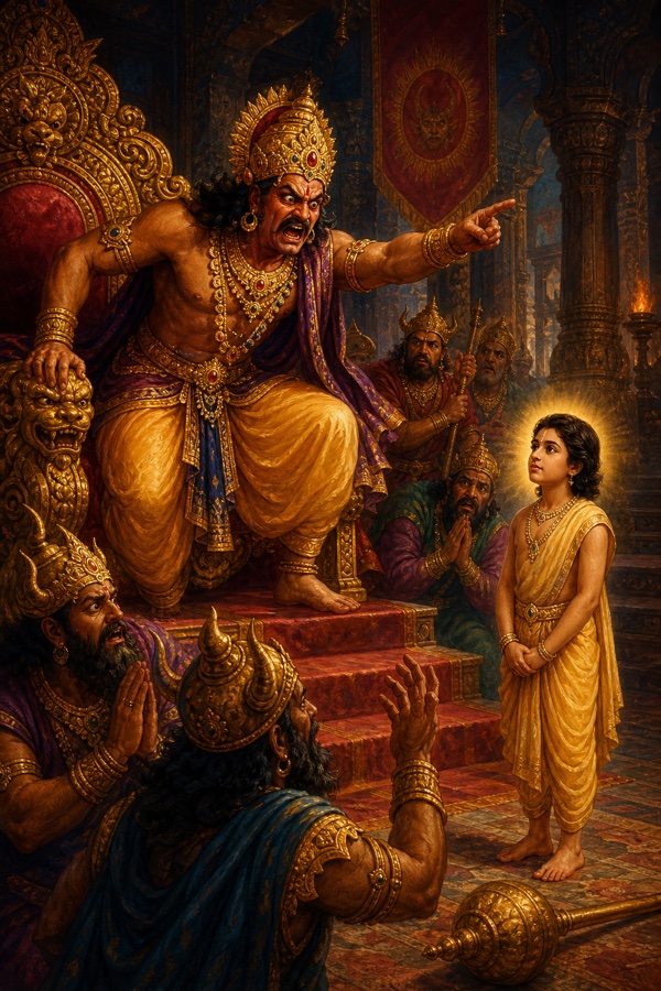 Rich painterly classical-Indian color illustration: the enraged Hiranyakashipu, face reddened with fury, rising from his throne and shouting for his cane, scolding the trembling demon-priests while small Prahlada stands quietly unafraid; dramatic shadows across the pillared asura court, the king's gestures wrathful, the boy radiating calm.