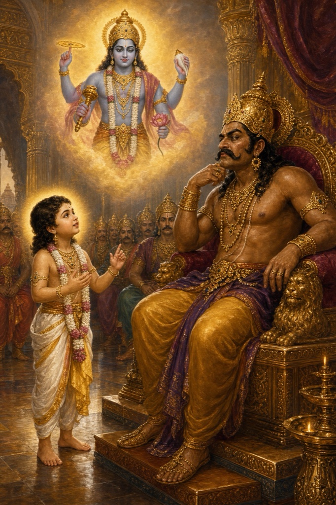 Rich painterly classical-Indian color illustration: the boy Prahlada, freshly bathed and adorned with jewels and garland, standing with folded hands before his seated father Hiranyakashipu and expounding the nine forms of devotion (navadha bhakti) to Vishnu; a faint serene blue four-armed Vishnu glows in the boy's heart-vision above, courtiers listening, golden palace setting.