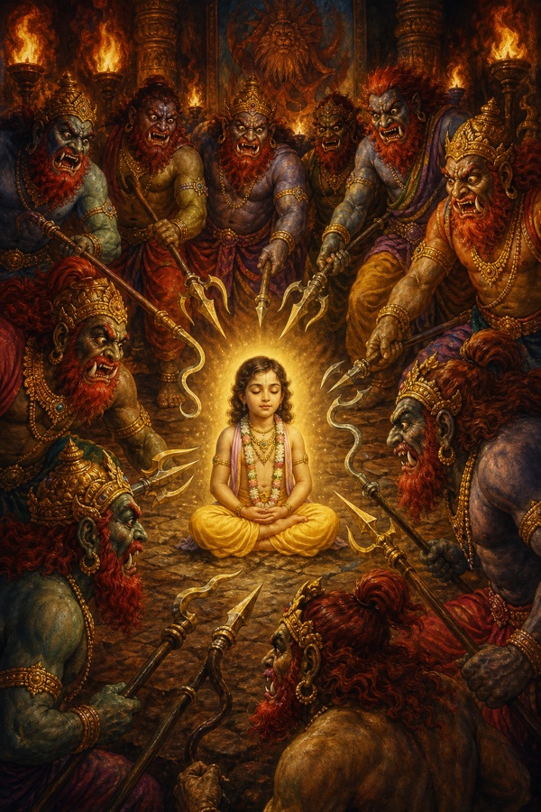 Rich painterly classical-Indian color illustration: fierce fanged demons with terrible faces and red beards and moustaches, brandishing tridents and roaring 'strike, cut', surrounding the small boy Prahlada who sits calmly cross-legged in deep meditation; the trident points strike him yet glance away harmlessly, a soft protective divine glow around the unharmed child, torchlit menace all around.