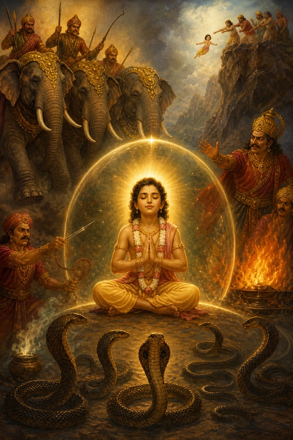 Rich painterly classical-Indian color illustration showing the many tortures of Prahlada: huge rutting elephants trampling, venomous serpents coiling, and the boy hurled from a mountaintop, yet the serene child remains unharmed and untouched, eyes closed in devotion with Hari's name on his lips; collage-like classical composition, dramatic but the boy haloed in calm light.