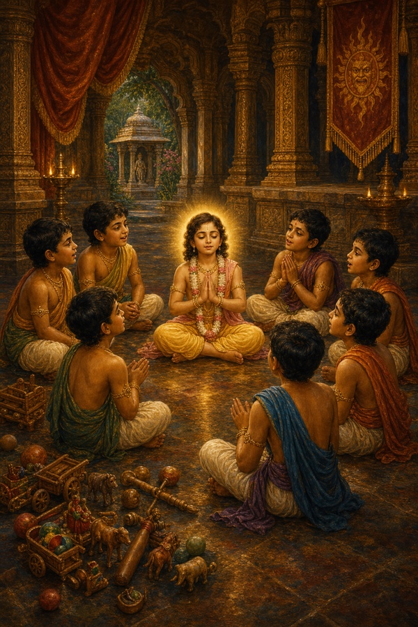 Rich painterly classical-Indian color illustration: the young demon-boys setting aside their toys and play-things, gathering in a circle around little Prahlada who teaches them with gentle folded hands like an elder brother; the children gaze rapt and softened, some beginning to chant 'Hari Hari', a tender schoolyard scene with warm light and budding devotion on small faces.
