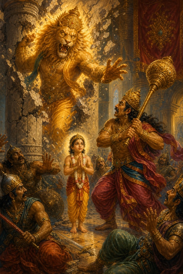 Rich painterly classical-Indian color illustration: Lord Narasimha bursting from the shattered palace pillar, a colossal half-lion half-man form with fanged terrible face and eyes blazing like molten gold, mane flying; the demon Hiranyakashipu staggers with raised mace, asura soldiers drop their weapons in terror, while the small boy Prahlada stands fearless between them with folded hands; dramatic golden-amber light, faithful to the Narasimha avatar (the slaying itself reserved for the next tale).