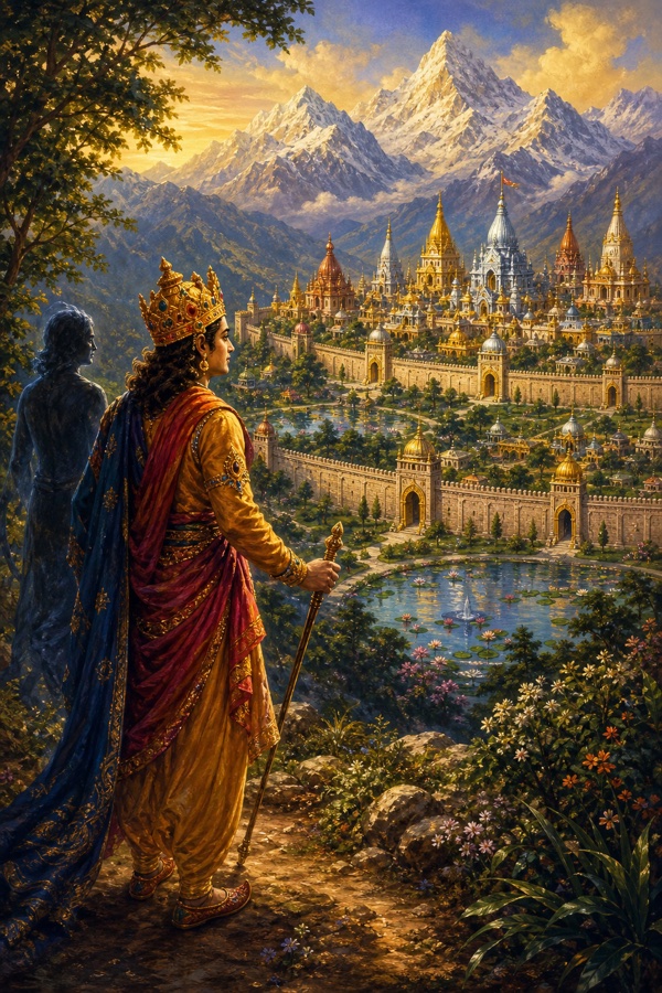 King Puranjana, a radiant crowned wanderer in royal robes, halts on the southern slopes of the Himalayas at the edge of Bharatavarsha and gazes in wonder at a magnificent walled city with nine gates, ramparts, gardens, lotus-filled ponds, and gleaming gold, silver and iron spires; lush painterly classical-Indian color illustration, snowy peaks behind, his faint shadowy unseen companion Avijnata beside him.