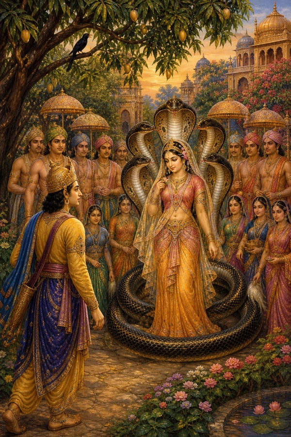 Inside the city Puranjana meets a lovely young maiden (Puranjani) strolling, attended by ten male servants each leading a retinue of women; a five-hooded serpent coils protectively around her as her gatekeeper-guardian, hoods raised on all sides; rich classical-Indian color art, palace-garden setting with a mango grove where a koel sings, jeweled ornaments, warm devotional palette.