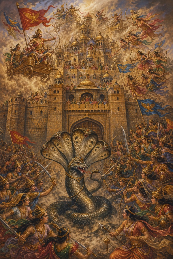 A great dust-cloud rises over the city walls as the Gandharva king Chandavega assails Puranjana's city with his host of three hundred sixty Gandharva warriors and an equal number of Gandharva women; the lone five-hooded serpent Prajagara rears at the gates fighting them all single-handed; dramatic classical-Indian color battle scene, banners and chariots, besieged nine-gated city.