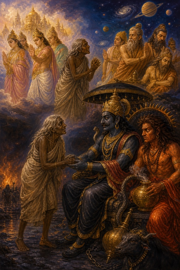 Kalakanya, the dark withered hag-maiden of old age (Jara), wanders the three worlds seeking a husband, shunned and called Durbhaga; depict her as an aged dark-skinned woman in plain garments, rejected, with the death-king Yavanaraja accepting her as his sister and the fever-twin Prajvara at his side; somber yet richly painted classical-Indian color illustration, cosmic sky backdrop.