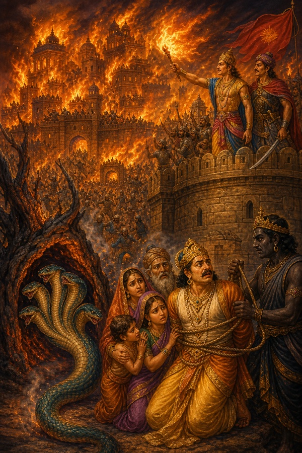 Prajvara sets the whole nine-gated city ablaze to please his brother Yavanaraja; flames engulf ramparts and mansions, Yavana soldiers swarm the nine gates, and the exhausted five-hooded serpent guardian writhes out like a snake fleeing the hollow of a burning tree; terrified Puranjana clings to his kin while the death-king binds him like a sacrificial beast; intense fiery classical-Indian color illustration.