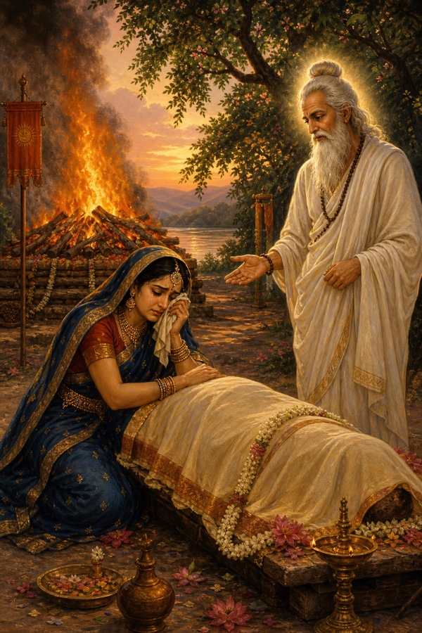 Beside a funeral pyre the grieving queen Vaidarbhi (Puranjana reborn as a woman) weeps over her dead husband, the sage-king Malayadhvaja; the old forgotten friend Avijnata appears as a luminous self-realized brahmin, serene and white-clad, gently questioning her and reminding her of their former swan-life on Lake Manasarovar; tender classical-Indian color illustration, mountain hermitage, dawn light, no other named figures.