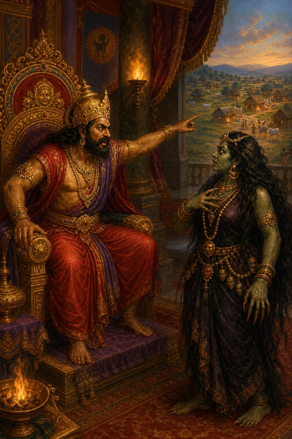 Painterly classical-Indian color scene inside King Kamsa's Mathura palace hall: the crowned, dark-bearded tyrant Kamsa seated on a jeweled throne, leaning forward and commanding the demoness Putana who stands before him in fearsome rakshasi form; he points outward toward distant villages and cowherd hamlets, ordering her to seek out every small child; tense torch-lit interior, rich royal reds and golds.