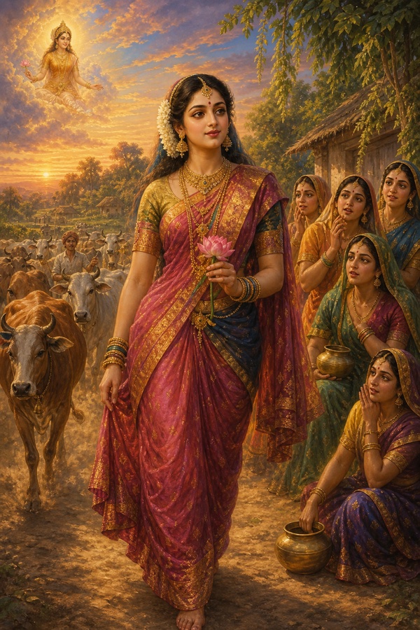 Painterly classical-Indian color scene of Putana now disguised as a ravishingly beautiful young woman in a silk sari, gold jewelry, bindi, glass bangles and white mogra jasmine flowers in her hair, holding a lotus, descending from the sky-path near Nanda's Gokul and walking on foot into the cowherd village at dusk; warm dust still rising from returning cows; awed gopis pausing to stare as if Lakshmi herself had come; lush green pastoral Vraj backdrop, golden evening light.