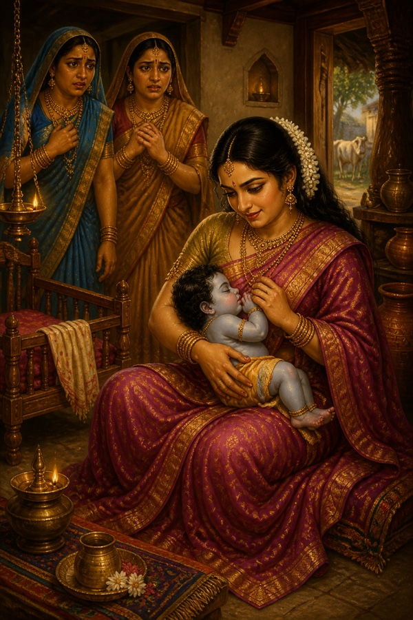 Painterly classical-Indian color scene inside Nanda's home: the disguised beautiful Putana seated, cradling the newborn infant Krishna (blue-hued, only a few days old, peaceful with eyes gently closed) in her lap and fearlessly offering her poison-filled breast to his tiny mouth as he begins to suckle; Yashoda and Rohini stand nearby spellbound and unable to intervene; soft domestic interior with cradle, lamplight, earthen pots; sense of hidden danger beneath tender appearance.