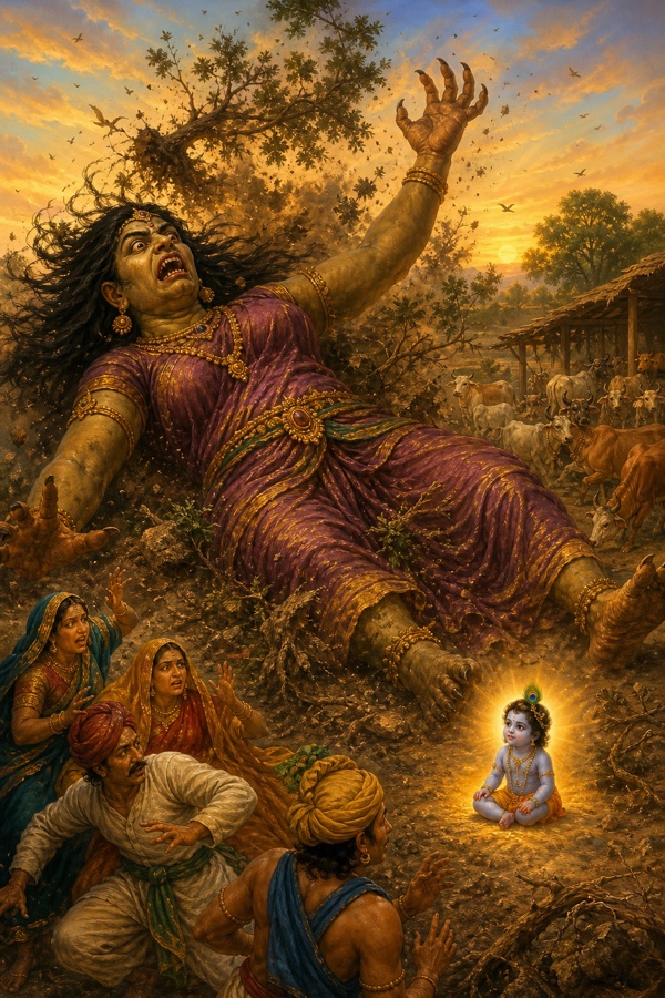 Painterly classical-Indian color scene of Putana reverted to her colossal true rakshasi form, body like a mountain with wild matted hair, long tusk-like fangs and stiff limbs, staggering and crashing down at a cowshed on the outskirts of Vraj like Vritra felled by Indra's thunderbolt; her falling body crushes trees across a wide stretch; tiny infant Krishna clings unshaken and smiling at her breast; terrified villagers fallen to the ground; dramatic dawn sky, dust and uprooted trees.