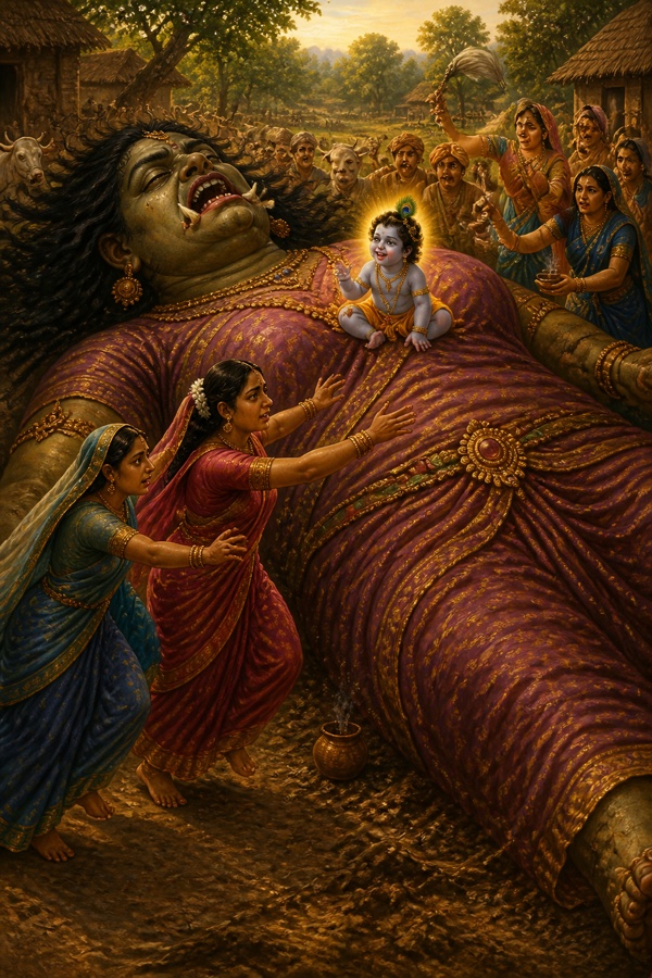 Painterly classical-Indian color scene: the breathless cowherd villagers of Gokul rush in and discover the tiny infant Krishna playing fearlessly, laughing and looking about, upon the chest of the gigantic slain demoness Putana, as if seated in someone's lap; Yashoda and Rohini lunge forward ahead of the crowd to snatch and clutch the child to their breasts; in the background gopis perform protective rites with a cow's tail, cow-dung and cow-urine; relief and wonder on the faces, morning light over the massive fallen body.