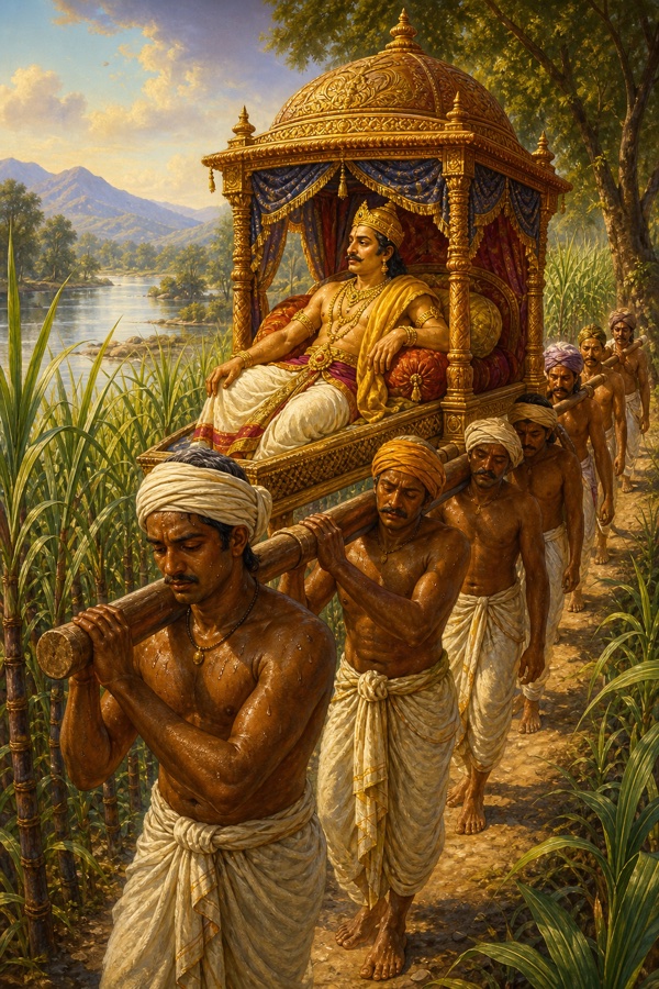 Lush painterly classical-Indian color scene: King Rahugana of Sindhu-Sauvira reclining on an ornate covered palanquin borne on the shoulders of sweating bearers, walking single-file along the banks of the Ikshumati river through sweet sugarcane fields, soft river haze and green cane in the background.
