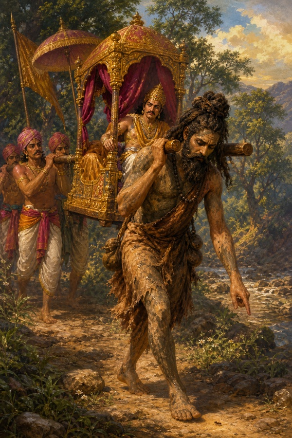 Vivid classical-Indian color illustration: the matted-haired, mud-smeared, broad-shouldered sage Jadabharata as a palanquin-bearer, shouldering one pole, stepping cautiously and looking down at the earth a bow-length ahead to avoid crushing an ant or tiny creature, his halting tilted gait making the king's palanquin lurch unevenly.