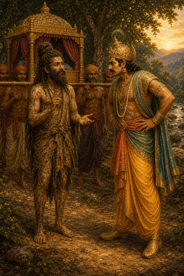 Serene painterly classical-Indian color scene: Jadabharata standing calmly beneath the palanquin pole, lips parted as he speaks his quiet teaching, addressing the agitated King Rahugana who has dismounted, vein taut on his brow; gesture of the sage distinguishing the unchanging witnessing soul from the burden-bearing body, peaceful detached expression.