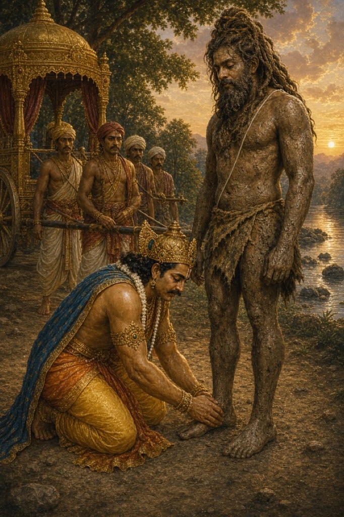 Devotional classical-Indian color illustration: King Rahugana cast down in the roadside dust, his royal pride gone, bowing his head at the feet of Jadabharata to beg forgiveness; the sage with a faint gentle smile, wearing the brahmin's sacred thread (yajnopavita) across his mud-covered chest, the abandoned palanquin and astonished bearers behind.