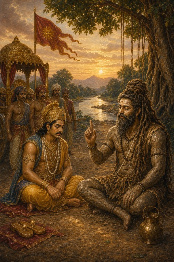Tender painterly classical-Indian color scene: King Rahugana seated in the roadside dust beside Jadabharata, head bowed, eyelids wet, his tears falling onto the dust and pitting little hollows; the sage teaching that the mind's 'I' and 'mine' is the inner enemy, the king renouncing his kingdom, soft river light, the palanquin set down nearby.