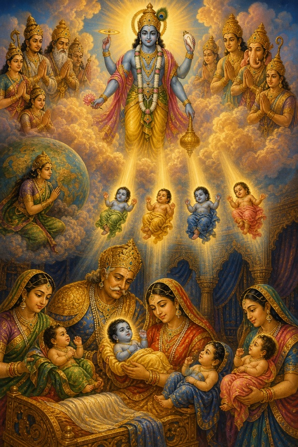 A luminous classical-Indian color illustration: the supreme Lord Sri Hari, blue-hued and radiant, descending in answer to the gods' prayer and manifesting as four newborn princes in King Dasharatha's Ayodhya palace; devas with folded hands hover in golden clouds above the burdened earth, the four infants Rama, Lakshmana, Bharata and Shatrughna cradled in the royal household; warm temple-mural palette, gold halos.