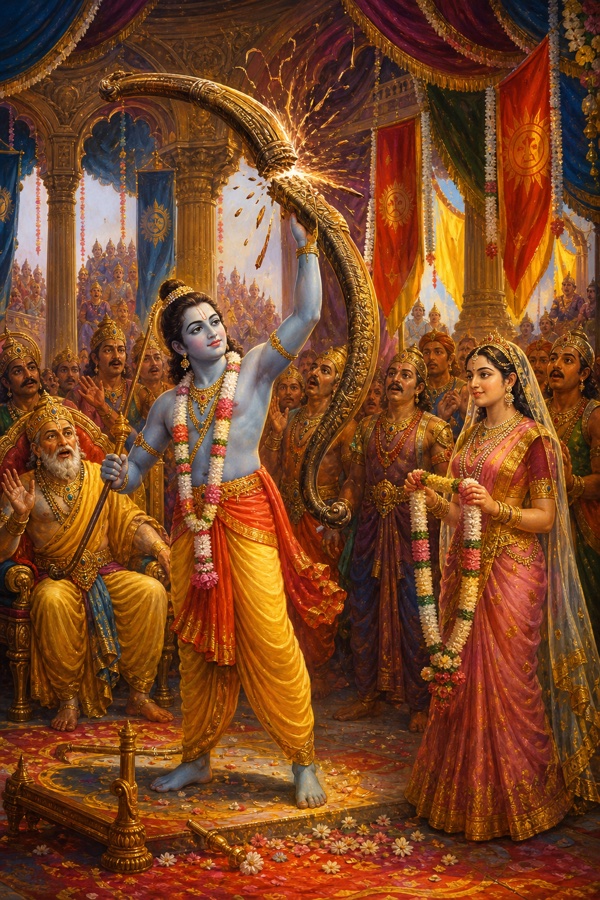 A grand Mithila svayamvara hall in rich color: young blue-skinned Rama effortlessly lifting Shiva's colossal bow (which three hundred warriors had barely carried), bending the string and snapping it into two pieces like a baby elephant breaking sugarcane; King Janaka's assembly of chosen heroes watching astonished, princess Sita radiant nearby ready to garland him; classical-Indian painterly style, festive banners, jewel tones.