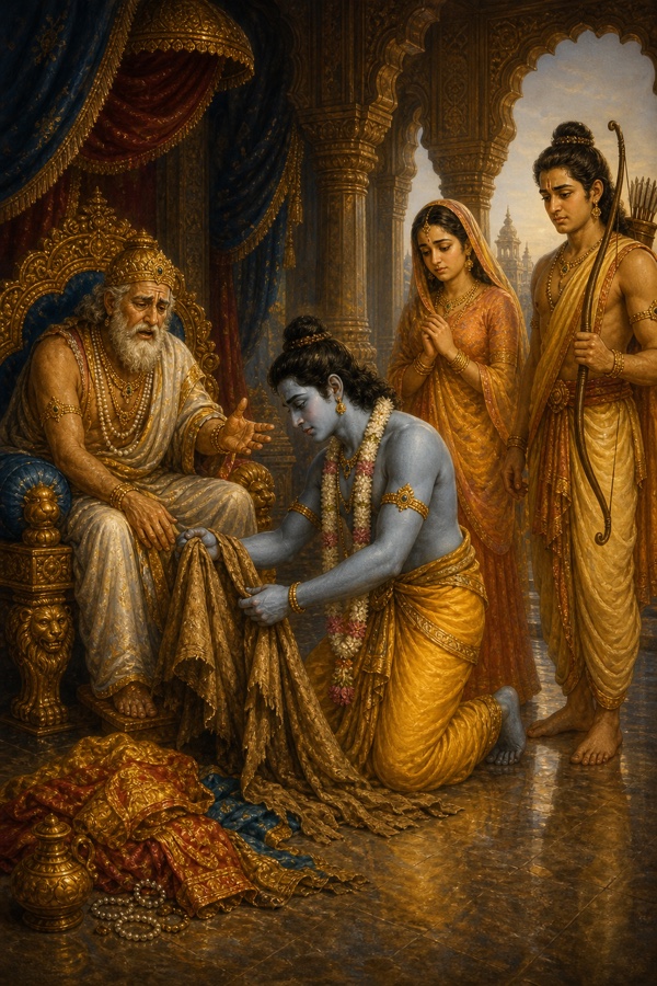 A tender, sober color scene in the Ayodhya palace: calm composed Rama, face untroubled, bowing before his grief-choked aged father Dasharatha and accepting exile to honor the king's word; Rama shedding silken robes for bark garments, with devoted Sita and Lakshmana quietly standing beside him ready to follow into the forest; muted dawn light, classical-Indian miniature style, restrained emotion.