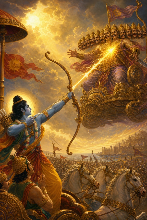A dramatic battlefield color illustration before Lanka: Rama, drawn bow in hand, loosing a thunderbolt-like arrow that pierces the heart of ten-headed Ravana; Ravana atop his Pushpaka aerial chariot vomiting blood from all ten mouths as he topples and falls; vanara warriors and Vibhishana in the background of the burning city, classical-Indian painterly battle palette of crimson, gold and storm-grey.