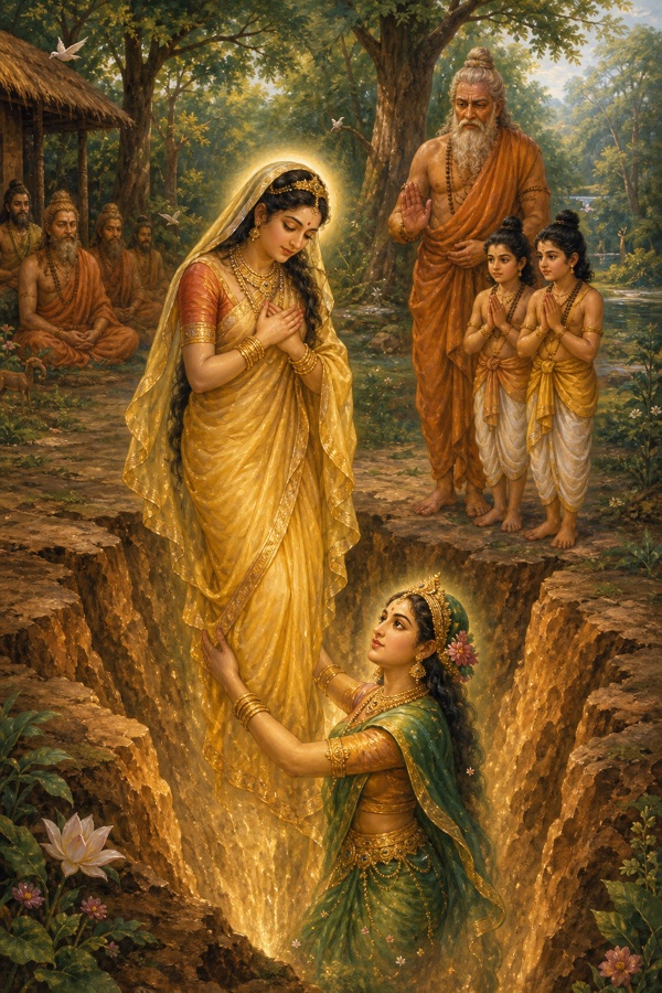 A solemn, luminous color scene at sage Valmiki's forest ashram: Sita, having handed her two sons Lava and Kusha to the sage, meditating on Rama's lotus feet and gazing down as the earth splits open; the goddess Prithvi (Earth) receiving Sita, who descends into the earth-realm from which she once arose in Janaka's furrow; classical-Indian devotional style, soft green forest, golden parting earth, hushed reverence.