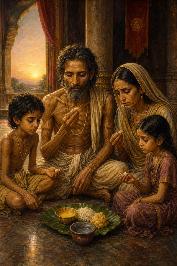King Rantideva, gaunt after forty-eight days of fasting with sunken cheeks and thin wrists yet serene eyes, seated on the floor of a bare palace hall with his trembling, emaciated wife and children around a small leaf-plate holding a little ghee, kheer, halwa and a single cupped handful of water; warm classical Indian palette, dawn light, the family about to lift the first morsel.