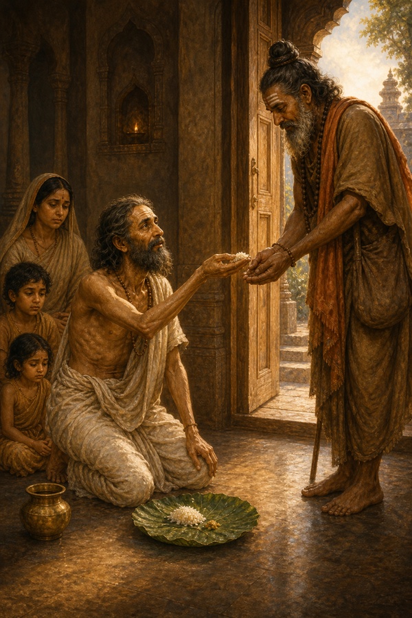 Rantideva, reverently bowing, lifting a portion of the meager food from the leaf-plate into the hands of a dusty, weary, hungry brahmin who has appeared at the doorway leaning faint with hunger; the king's face full of devotion as he sees the Lord in every being; muted earthen tones, threshold of a humble palace hall, his thin family seated behind.