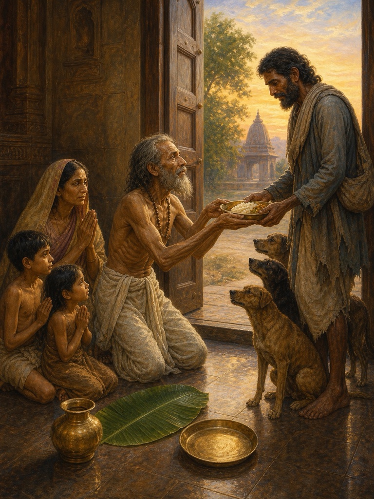 Rantideva, with deep reverence, giving away all the remaining food to a guest who has arrived at the door with his pack of dogs, and bowing his head in worship to the dogs and their master as forms of the Lord; the king now with empty plate, his frail family beside him; rich classical-Indian color illustration, devotional mood, doorway setting.