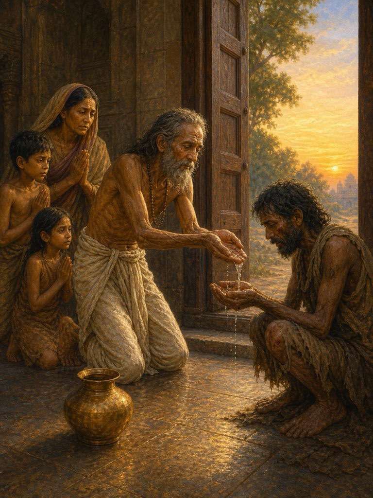Dying of thirst with parched cracked lips, Rantideva tenderly pouring the very last cupped handful of cool water from his hands into the outstretched hands of a panting, lowly chandala at the doorway, giving up his own life's water out of pure compassion; luminous classical Indian palette, the king's serene compassionate face, his depleted family watching.
