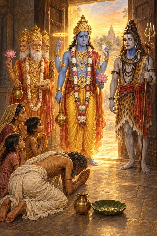 The test over, Brahma, Vishnu and Shiva stand revealed in the doorway, and the gaunt Rantideva bows at their feet asking for nothing.