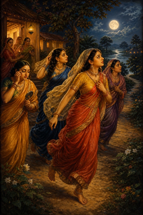 Rich painterly classical Indian color illustration: on a moonlit autumn full-moon night, several Vraja gopis hurry out from their village homes toward the Yamuna, drawn by Krishna's flute; they leave in disarray, one with hair half-unbound, one with kohl in only a single eye, garments worn hastily and reversed; warm lamplit houses behind, silver moonlight on the path; faces lit with longing, no Krishna visible yet.