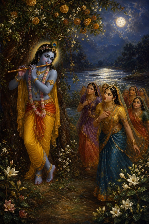 Rich painterly classical Indian color illustration: dark-blue-skinned young Krishna with peacock feather and yellow garment stands alone beneath a flowering kadamba tree on the moonlit Yamuna bank, bamboo flute still raised to his lips; cool silver moonlight, blossoming jasmine and bela, the river shining like silver in the background; the gopis just arriving, breathless and bathed in moonlight.