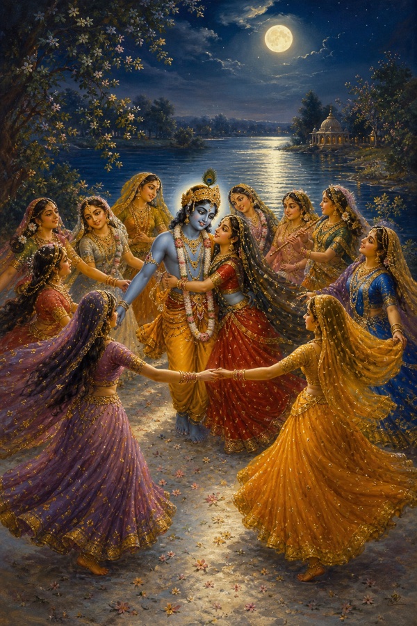 Rich painterly classical Indian color illustration: the rasa dance begins on the silver sands of the Yamuna under the full autumn moon; the gopis form a circle with Krishna in the center, dancing; he holds one's hand, draws another into his arms, jests with one, gazes lovingly at another; flute, whirling skirts, moonlit river, each gopi feeling Krishna's love is for her alone.
