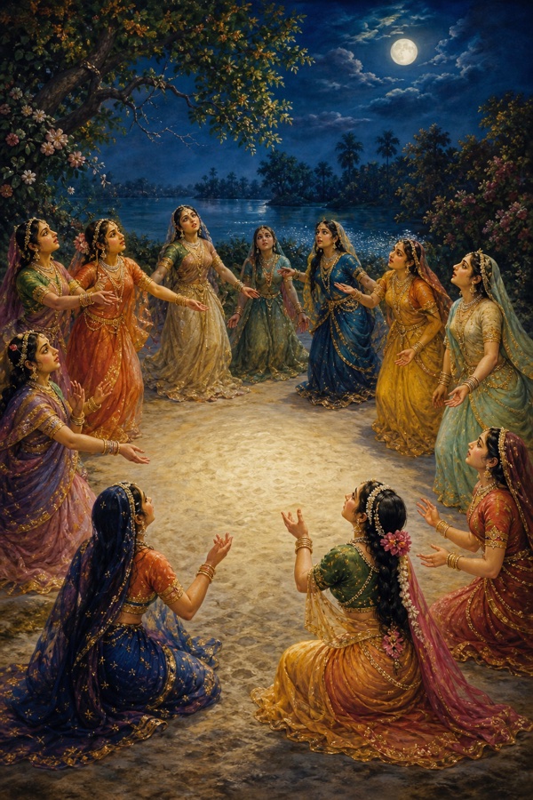 Rich painterly classical Indian color illustration: at the very moment a small pride of good fortune rises in the gopis' hearts, Krishna vanishes like a snuffed-out lamp from the center of the moonlit circle; the dance breaks, the gopis' hands left empty in the air, their faces turning from rapture to bewilderment on the silver Yamuna sand under the full moon; the center where Krishna stood now empty.